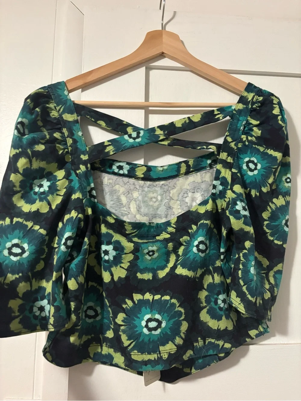 Free People NWT Floral Cropped Puff-Sleeve Crisscross Top in Black, Teal, Lime